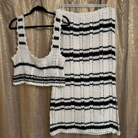 Free People Dresses & Skirts - Free People Beach Black Ivory Donni Crochet Knit Sweater Top Skirt Set XL NWOT